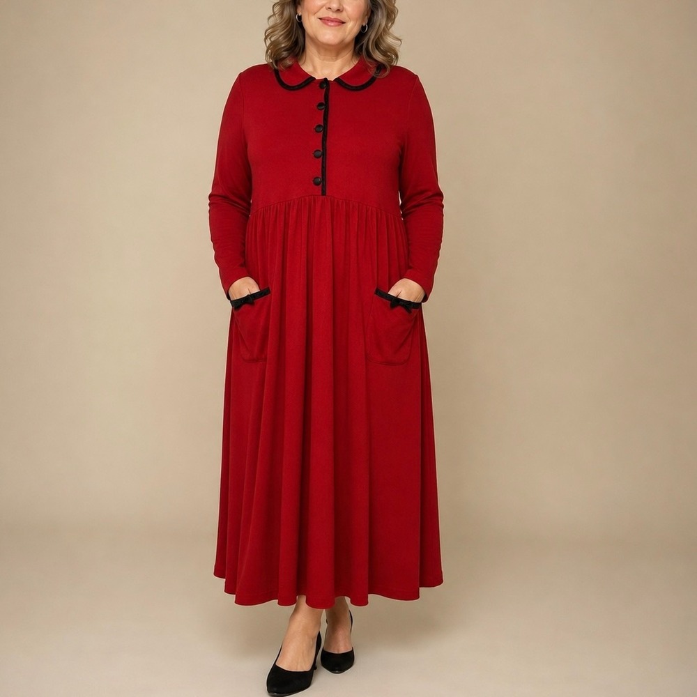 Vintage 80s H. Apparel Co Red Knit Midi Dress L Satin Trim Peter Pan Collar